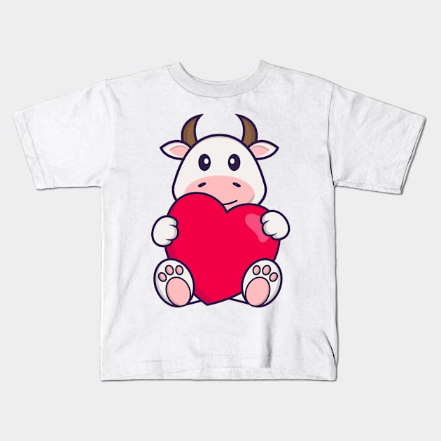 Cute cow holding a big red heart. Kids T-Shirt by kolega